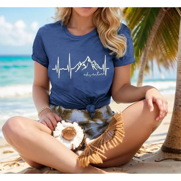 Women  Graphic Tees Mountain Adventure Shirts Heartbeat Hiking Camping Top-Navy - Picture 3 of 6